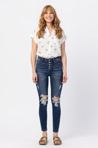 HIGH RISE BUTTON FLY CUFFED SKINNY DARKWASH JUDY BLUE DENIM