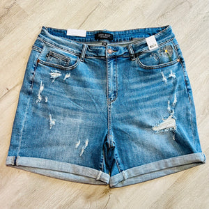 Judy Blue Medium Wash Mid Rise Cuffed Distressed Denim Shorts-PLUS