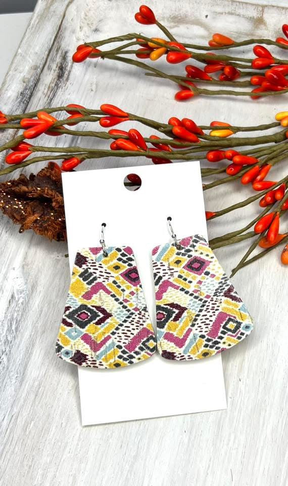 BOHO AZTEC TRIBAL PRINT GEO-SHAPE LEATHER HANDMADE EARRINGS BY B.O.D