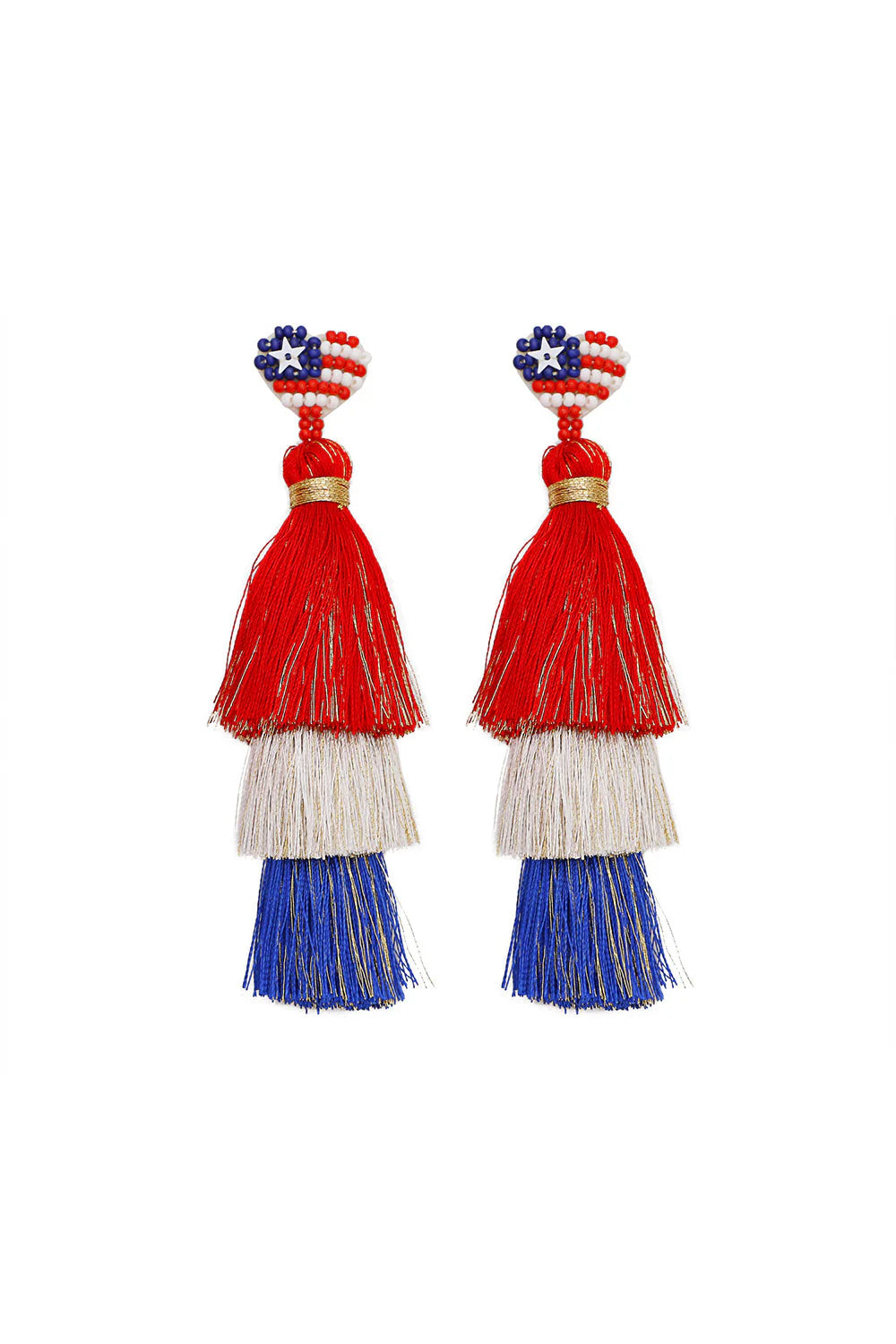 RED WHITE BLUE TASSEL GOLD DANGLE EARRINGS