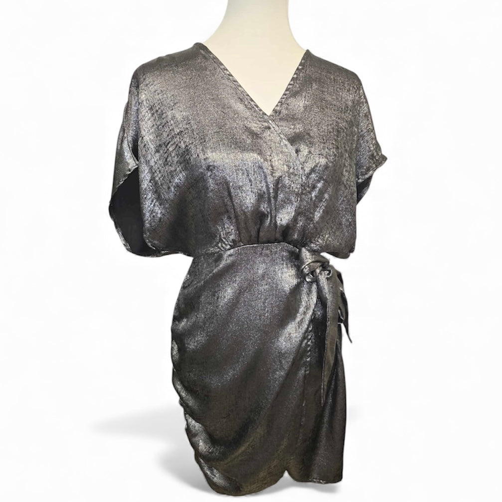 FANCY SILVER VNECK RUCHED-DRAPING SIDES, WAIST-TIE DRESS