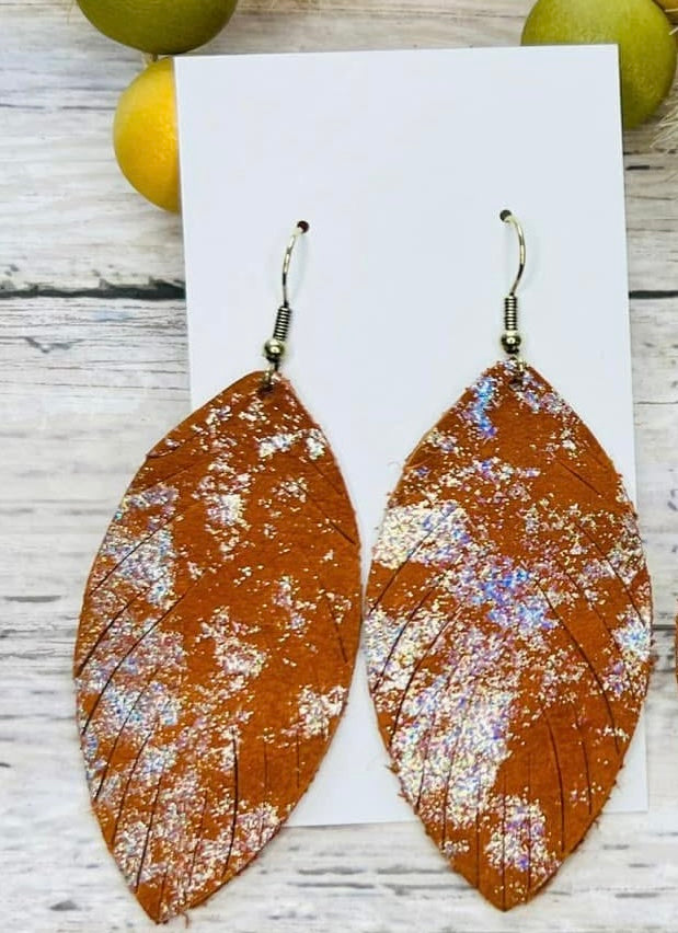 RUST WITH SILVER IRIDESCENT SPARKLY FRINGE LEATHER TEARDROP HANDMADE EARRINGS BY B.O.D