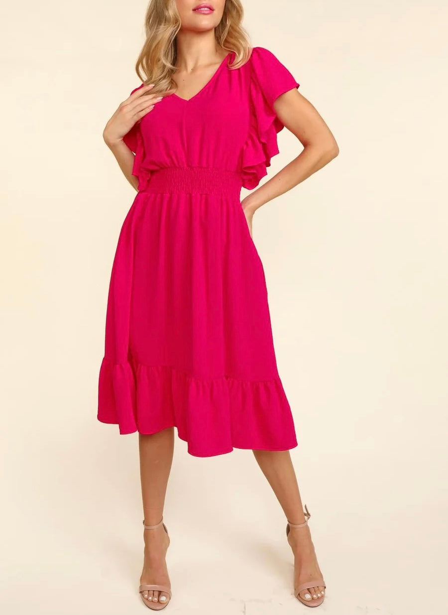FUCHSIA MIDI LENGTH WOVEN POCKETED RUFFLE DRESS-PLUS