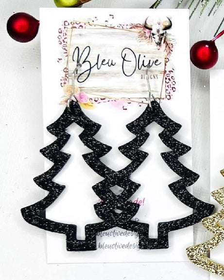 CHRISTMAS TREES OUTLINE CUTOUT SPARKLY GLITTER HANDMADE EARRINGS BY B.O.D