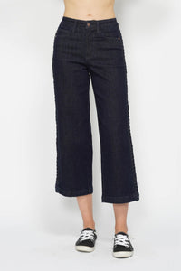 RINSE WASH HIGH WAIST SIDE SEAM BRAIDED DETAIL WIDE LEG CROPPED JUDY BLUE DENIM