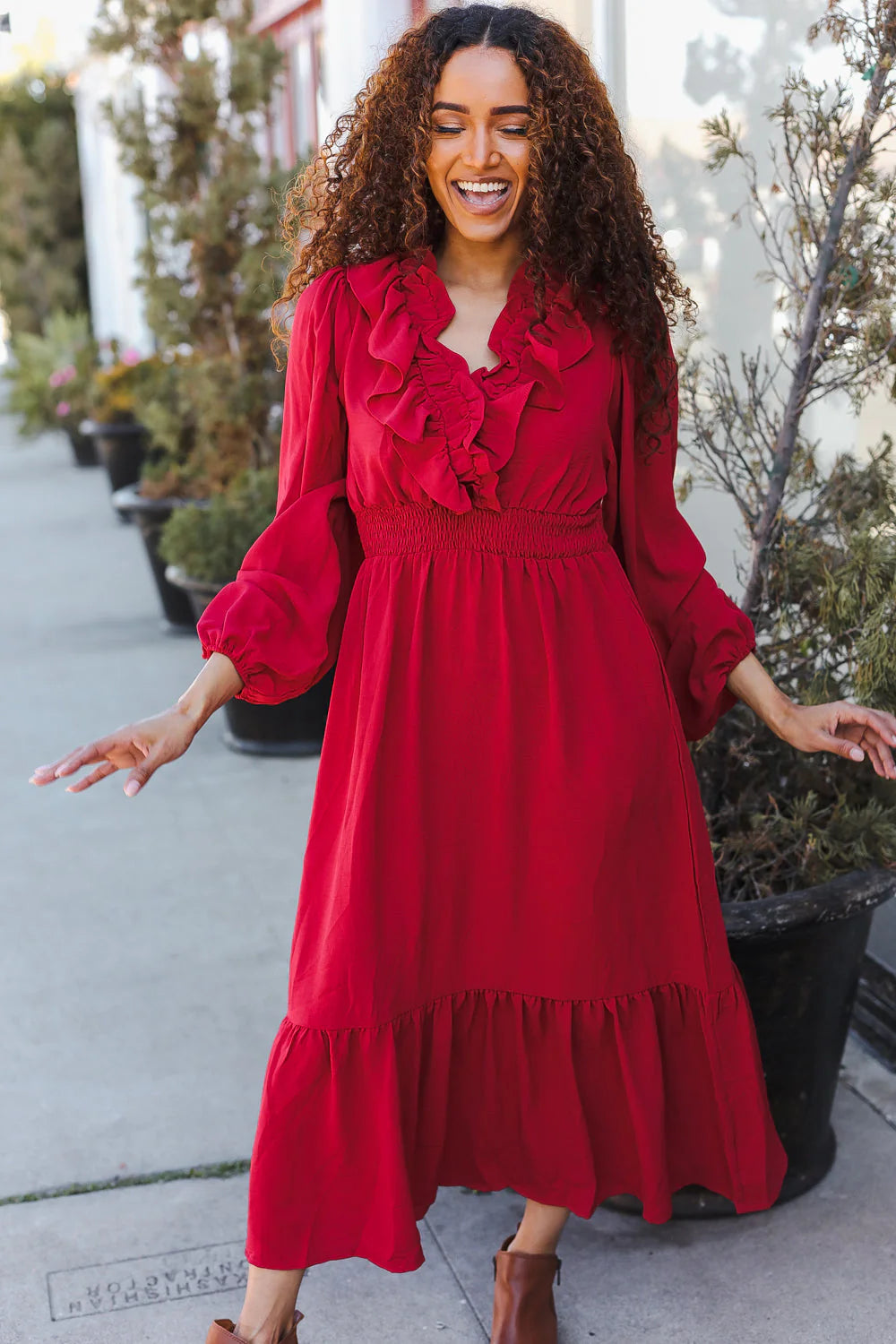 RED BEAUTIFUL YOU HOLIDAY RUFFLE SURPLICE VNECK MAXI DRESS-PLUS
