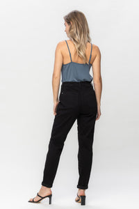 BLACK HIGH WAIST JET BLACK DOUBLE ROLL CUFF JOGGERS JUDY BLUE DENIM