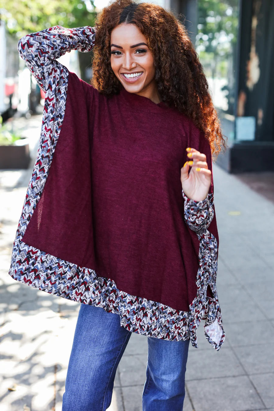 BURGUNDY PRINT DESIGN DOLMAN SWEATER TOP