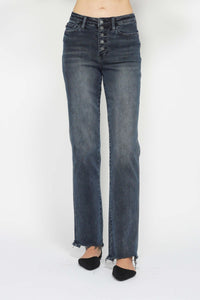 DARK WASH HIGH WAIST BUTTON FLY DESTROYED HEM STRAIGHT LEG JUDY BLUE DENIM