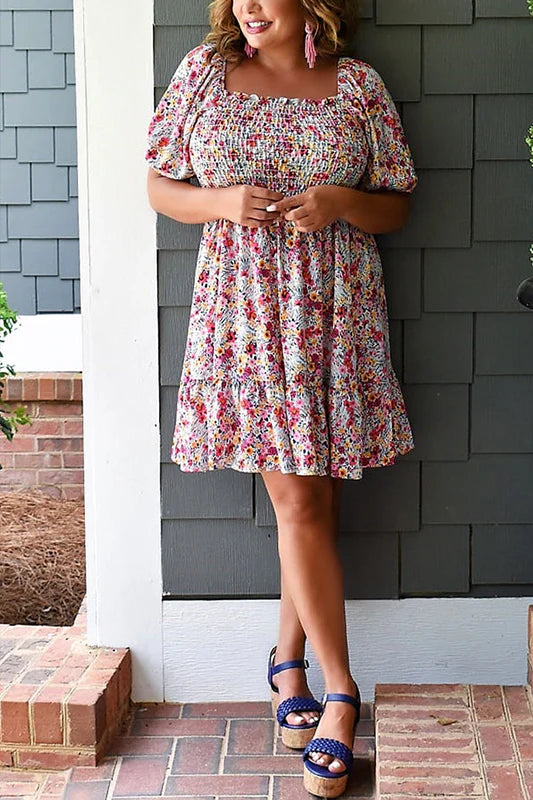 IVORY PINK FLORAL SMOCKED DRESS