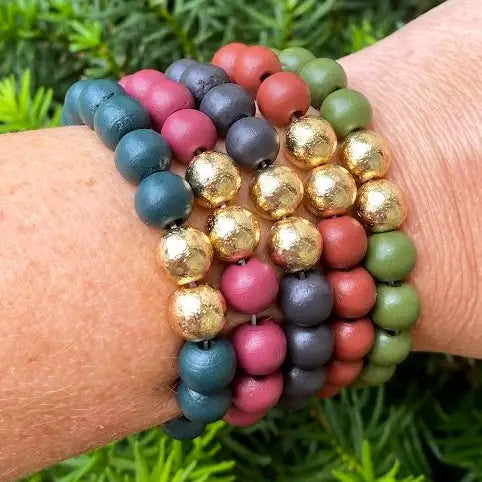 FALL WOOD BEADED STRETCH BRACELET SET OF 5 HANDMADE BY BBB