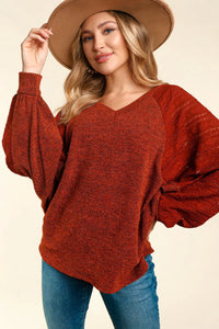 RUST BANDED DOLMAN BUBBLE LONG SLEEVE KNIT TOP