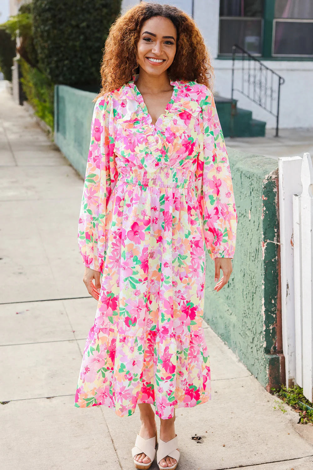NEON PINK GREEN PEACH FRILLY VNECK RUFFLE SHIRRED WAIST FLORAL MAXI DRESS