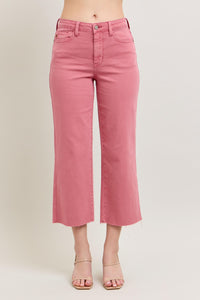 ROSE HIGH WAIST GARMENT DYED RAW HEM CROP WIDE LEG JUDY BLUE DENIM-PLUS