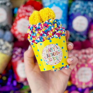HAPPY BIRTHDAY COZY CUPCAKE SOCKS HANDCRAFTED BY DAISY DUNES