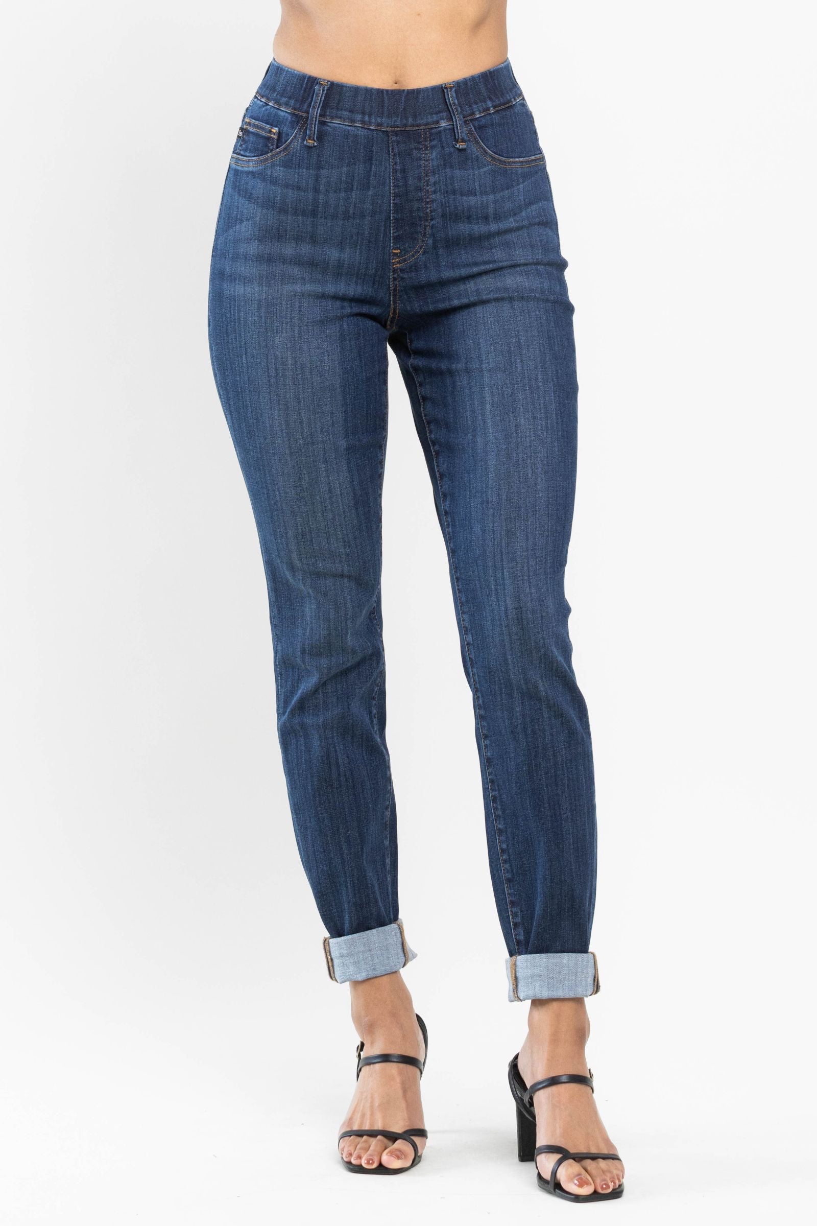 Darkwash High Waist Judy Blue Double Cuff Slim Fit Pull On Denim- SIZE 1 left.