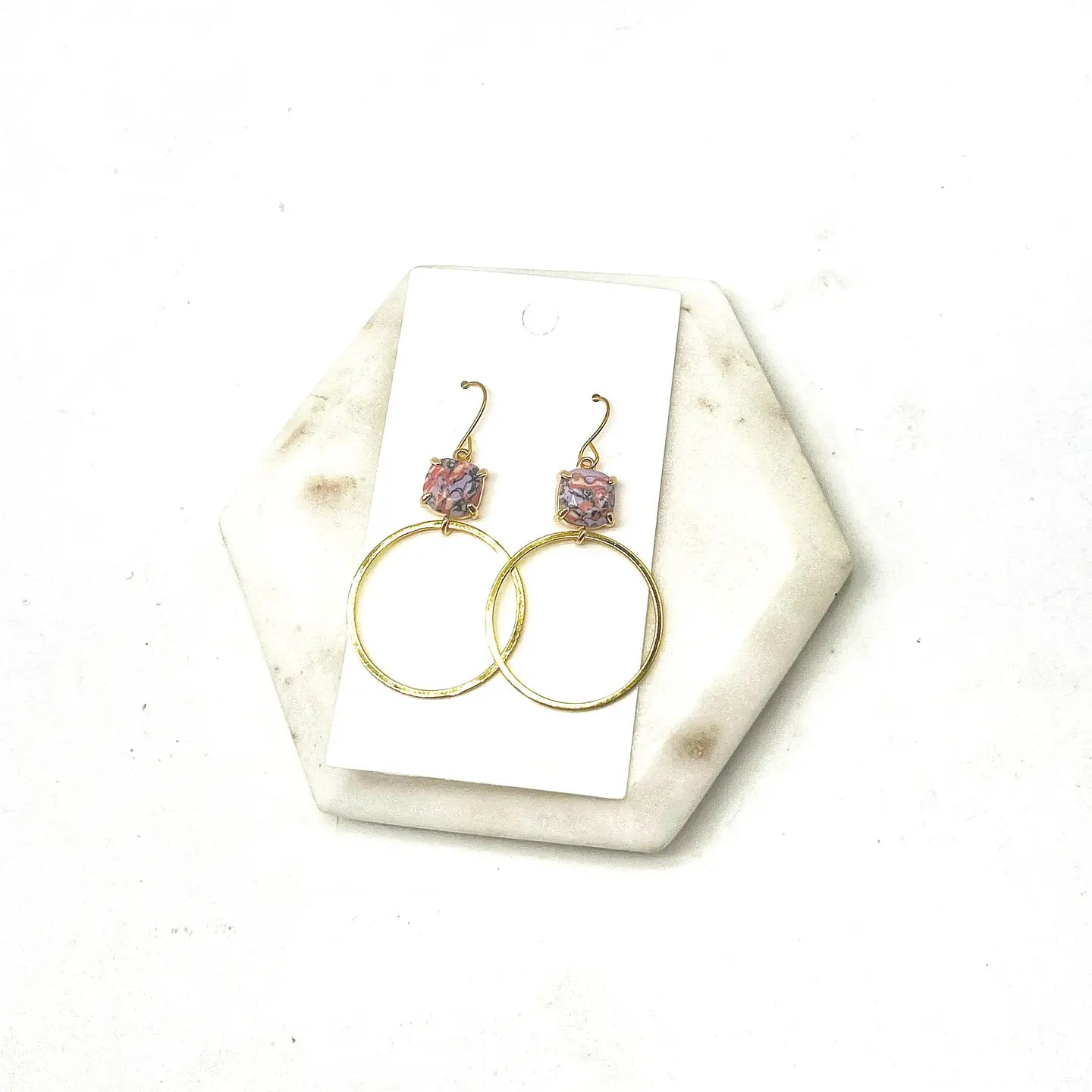 PINK PURPLE GEM STONE GOLD HOOP STATEMENT HANDMADE BBB EARRINGS