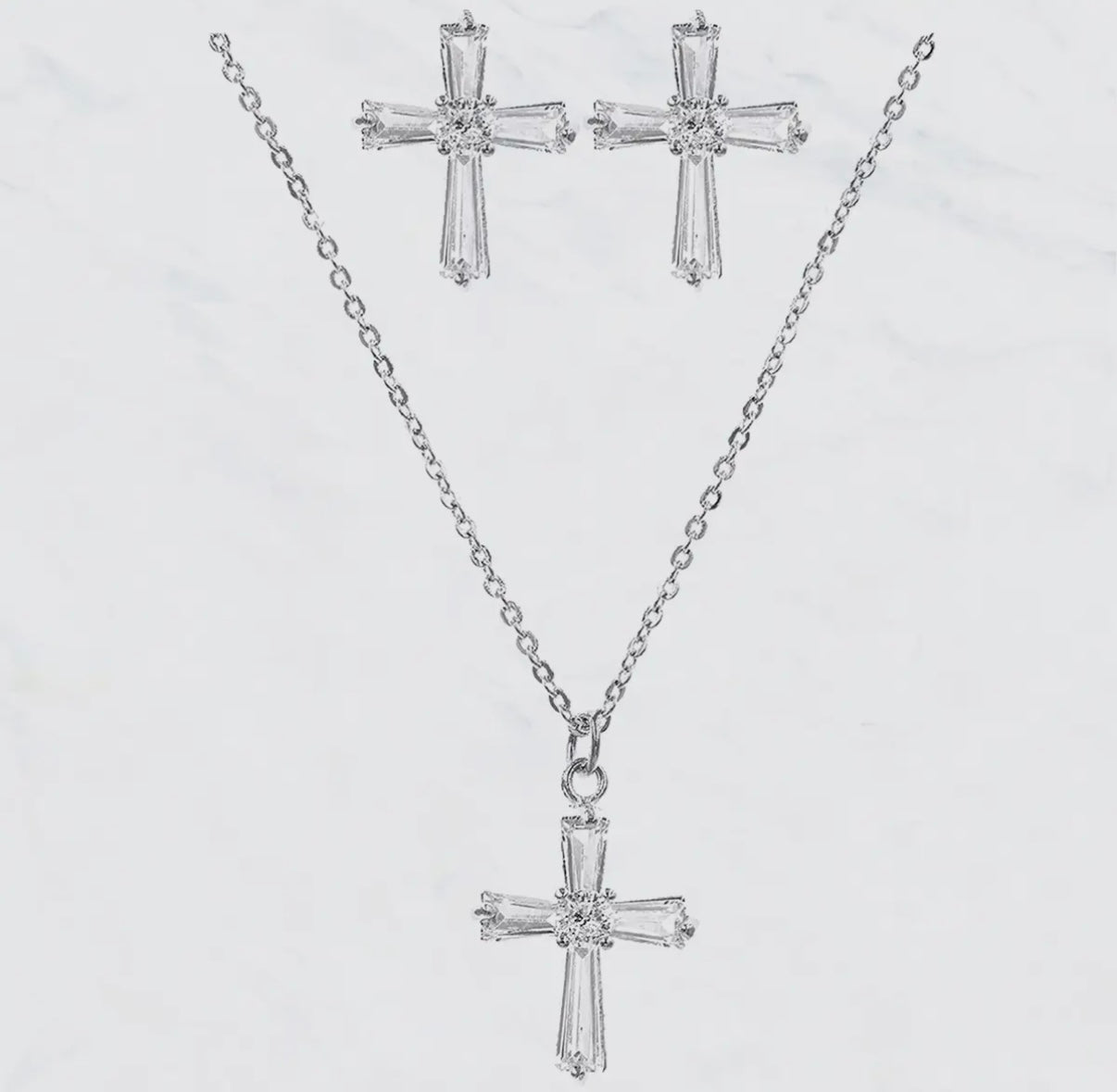 CUBIC ZIRCONIA RHINESTONE CROSS PENDANT NECKLACE & EARRING SET