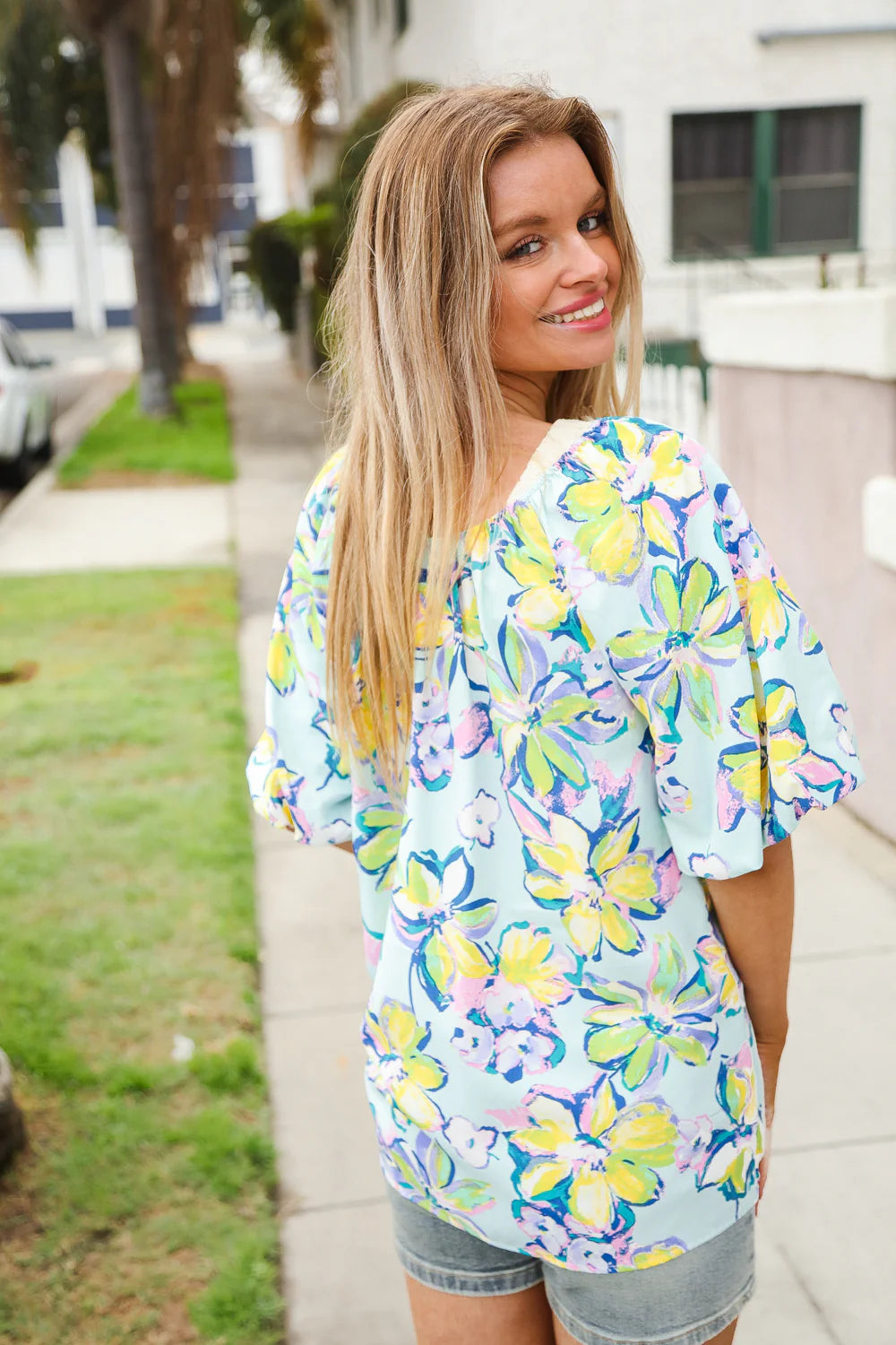 AQUA YELLOW GREEN BLUE FLORAL BUBBLE SLEEVE TOP