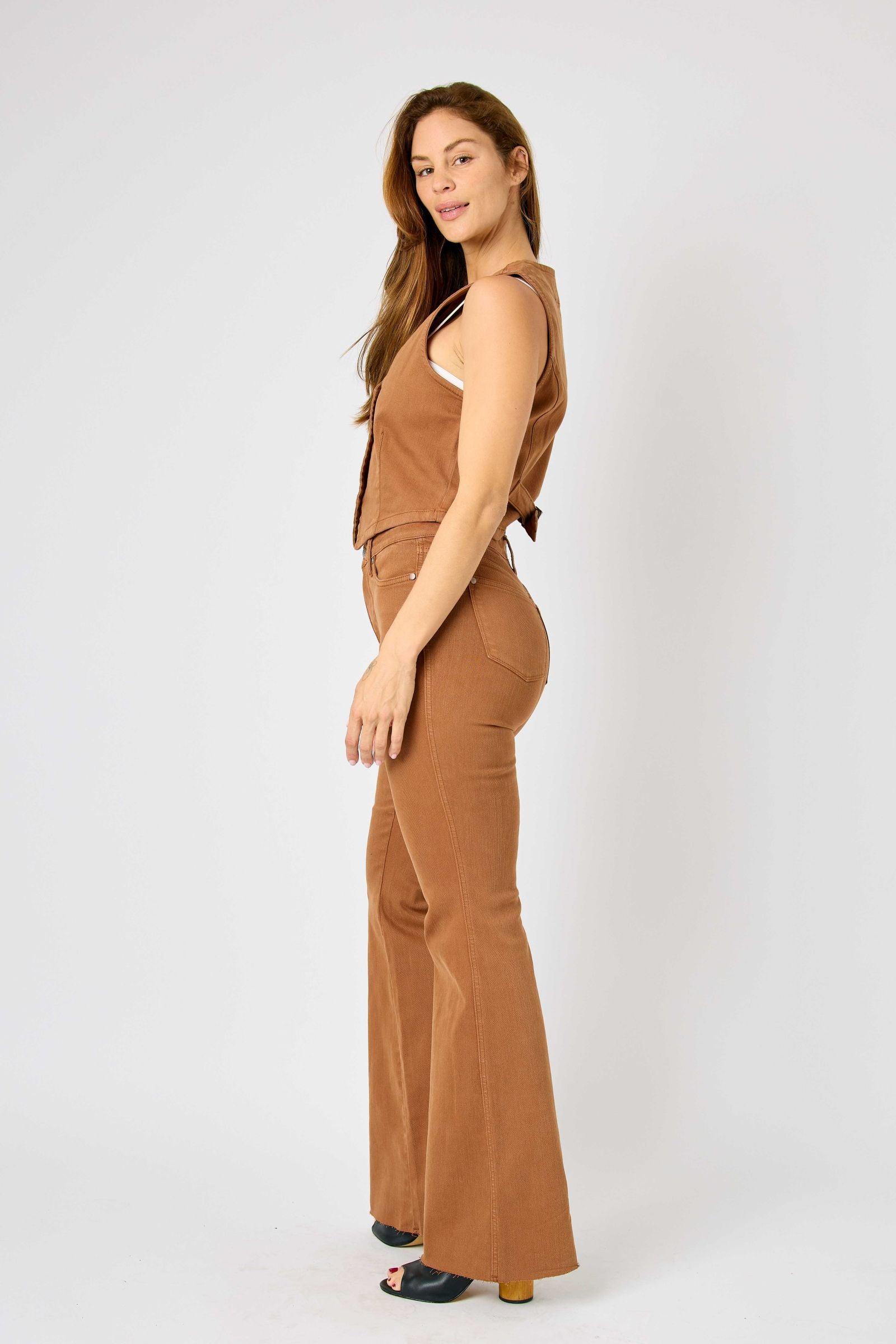 BROWN HIGH WAIST TUMMY CONTROL GARMENT DYED FLARE DENIM JUDY BLUE