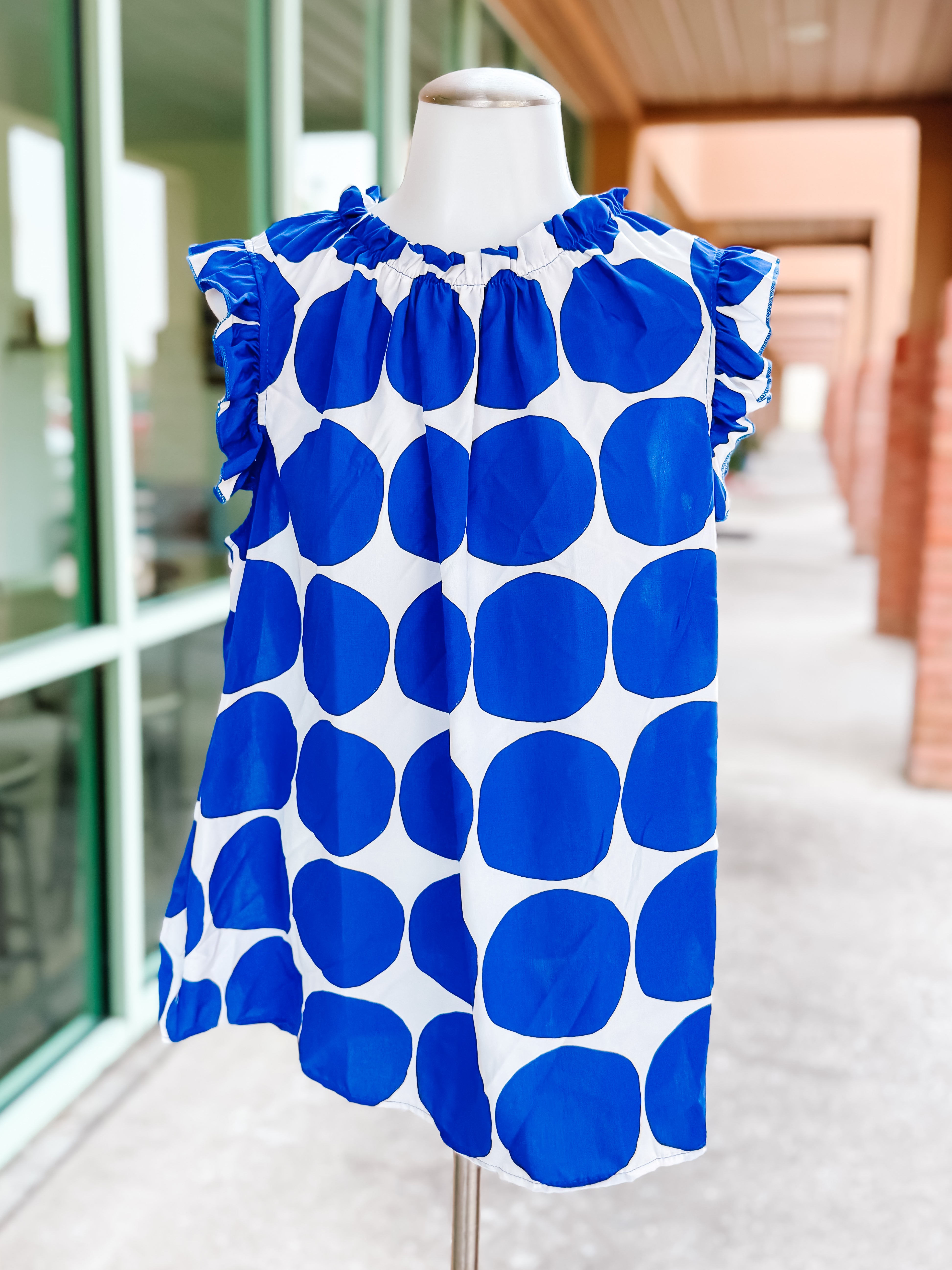 Blue Ivory Big Polka Dot Ruffle Blouse- PLUS- SALE