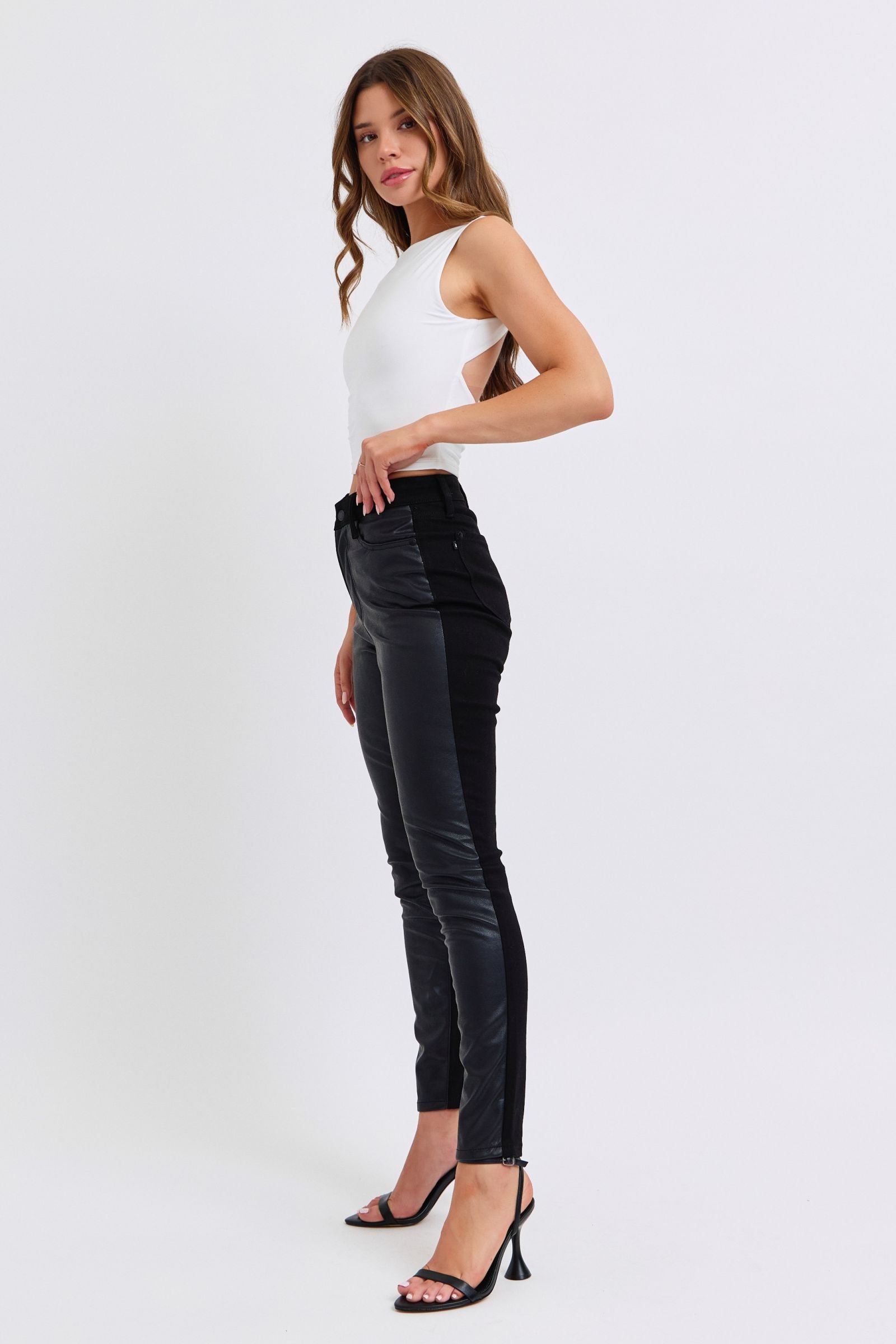 BLACK HIGH WAIST FAUX LEATHER *FRONT & DENIM *BACK SKINNY JEANS JUDY BLUE