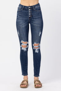 HIGH RISE BUTTON FLY CUFFED SKINNY DARKWASH JUDY BLUE DENIM