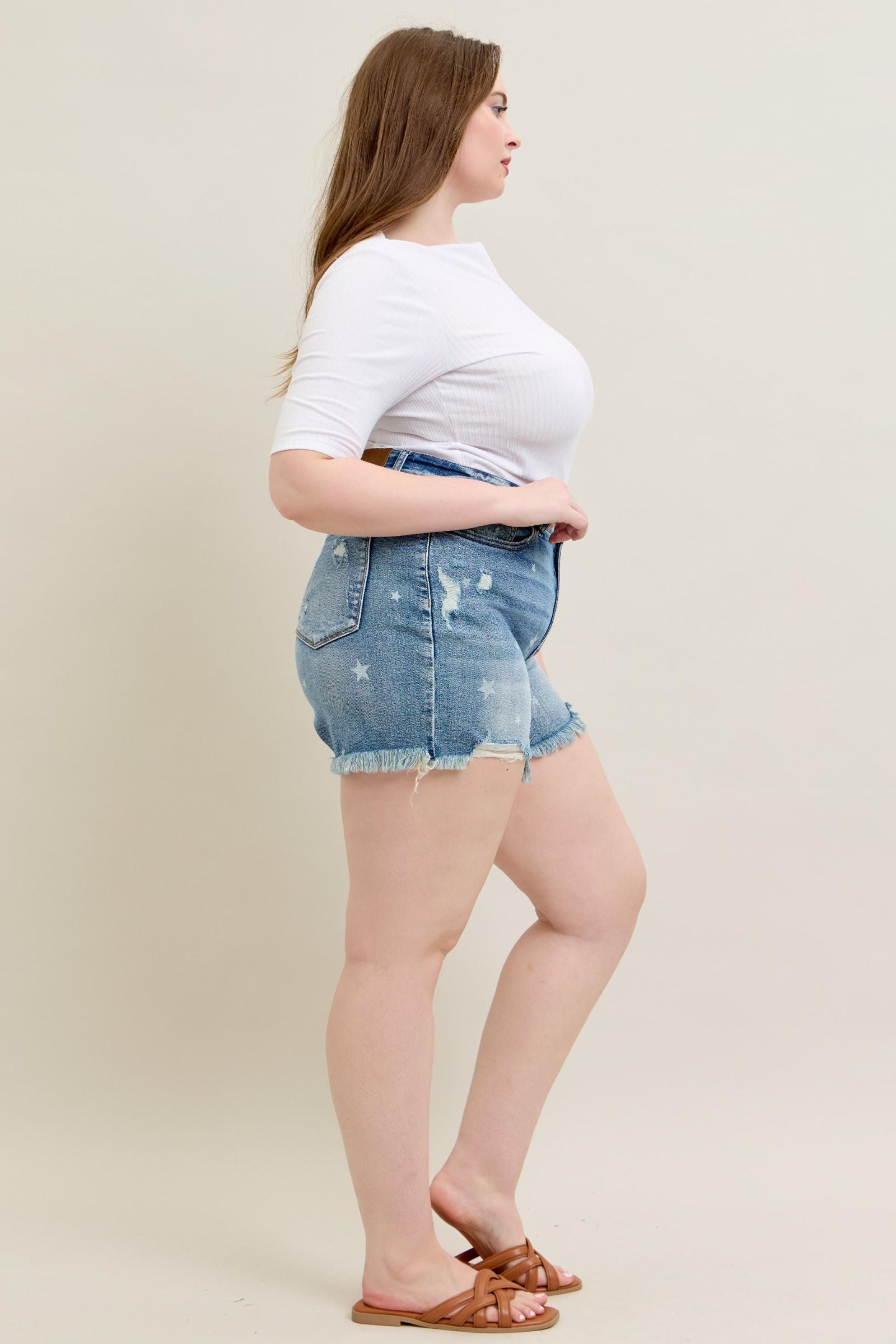 STAR PRINT DESTROYED CUT OFF DENIM SHORTS BY JUDY BLUE MEDIUM WASH HIGH WAIST-PLUS