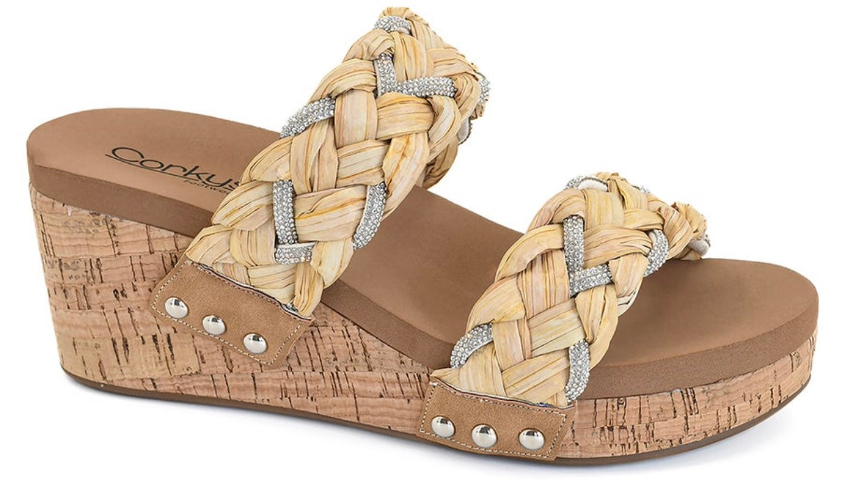 TOTAL KNOCKOUT SANDAL WEDGES RAFIA & RHINESTONE DESIGN BY CORKYS- SALE- SIZE 11 LEFT