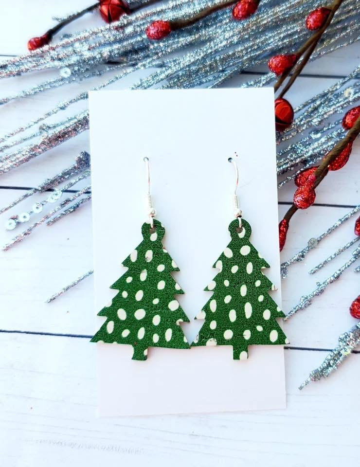 CHRISTMAS TREE CUTOUT LEATHER LIGHTWEIGHT HANDMADE EARRINGS BY B.O.D