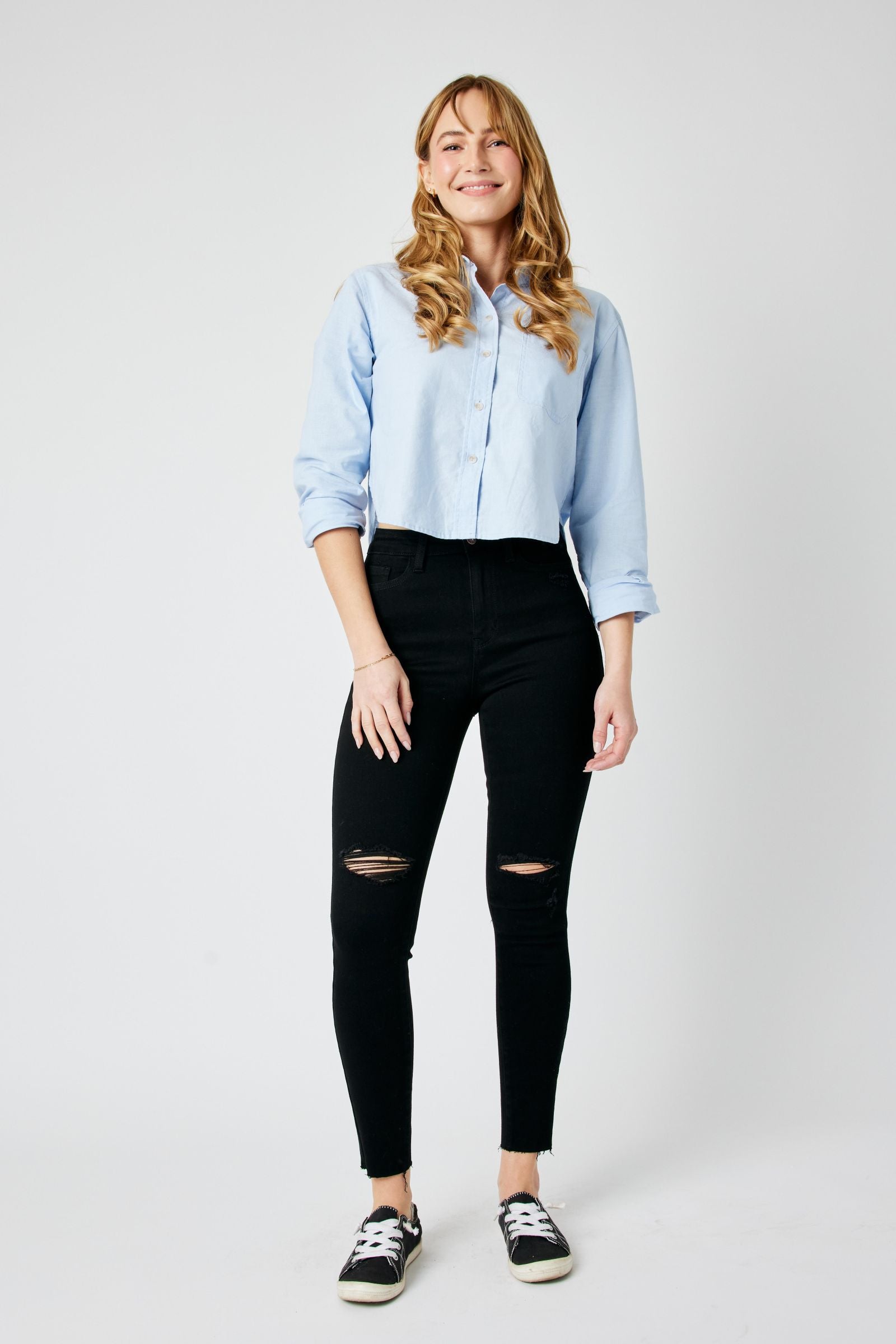 BLACK JUDY BLUE HIGH WAIST HEAVY DESTROYED RAW HEM SKINNY DENIM-PLUS