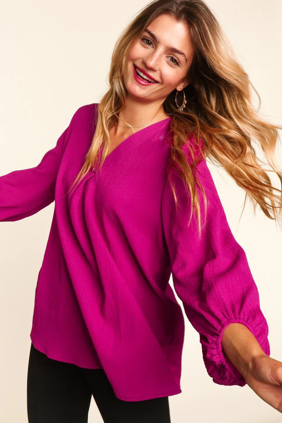 MAGENTA WOVEN SOLID WOVEN 3/4 SLEEVE HI LOW BUBBLE SLEEVE TOP