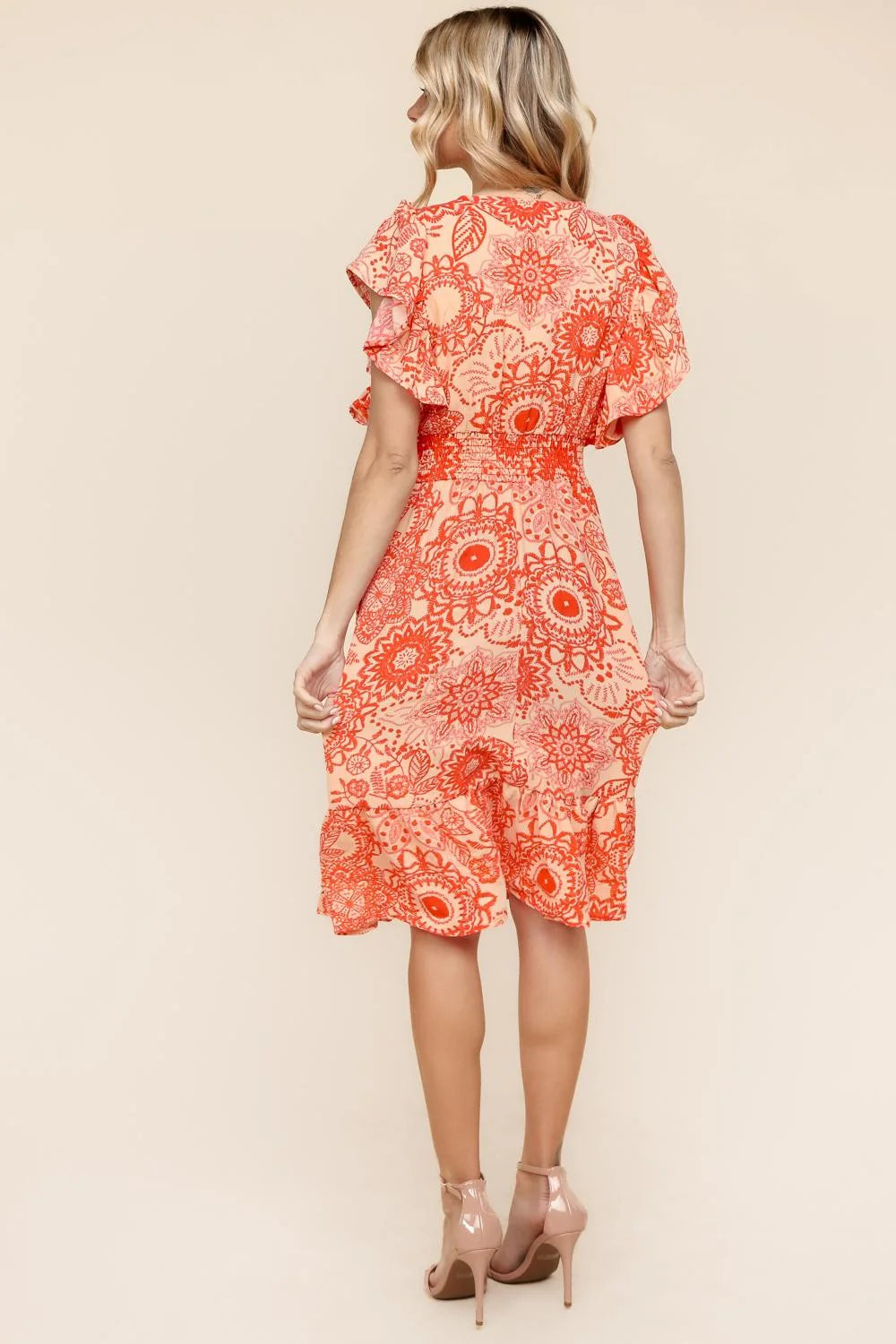 CORAL PEACH DAMASK PRINTED FIT AND FLARE SMOCKED WAIST VNECK POCKETED MIDI DRESS