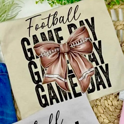 GAME DAY FOOTBALL BOW FRONT TAN TEE