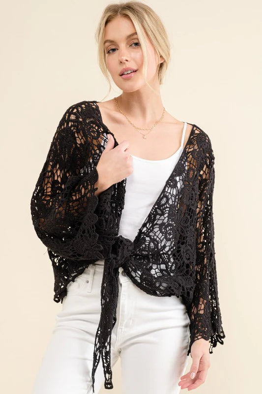 BLACK CROCHET TIE HEM CARDIGAN