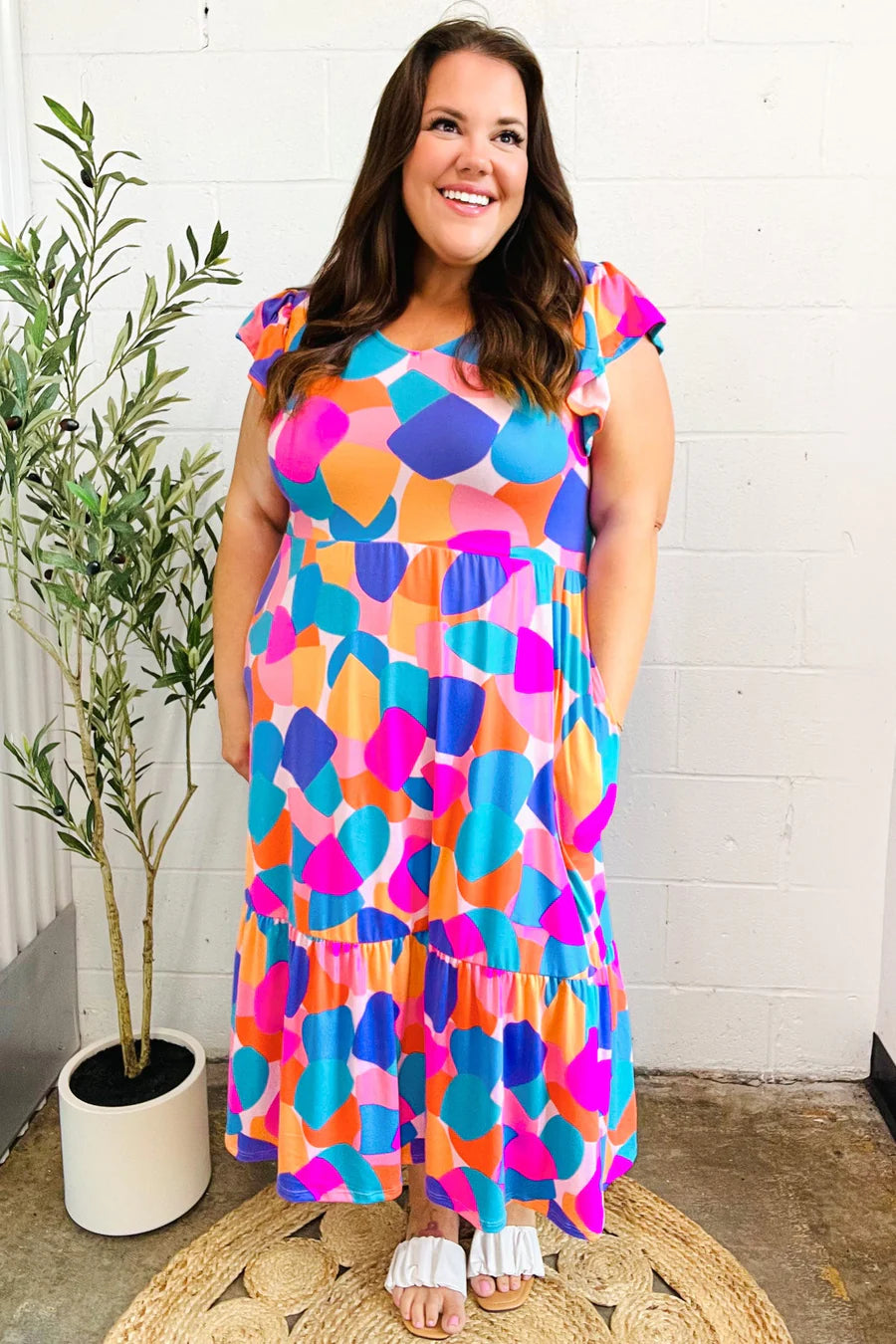 BOLD BEAUTIFUL MULTI COLOR ABSTRACT FLORAL FIT & FLARE MIDI/MAXI DRESS-PLUS 1X