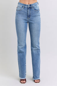 HIGH WAIST MEDIUM WASH BOOTCUT JUDY BLUE DENIM FRAYED HEM