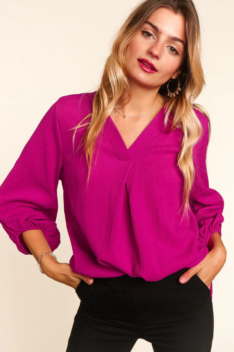 MAGENTA WOVEN SOLID WOVEN 3/4 SLEEVE HI LOW BUBBLE SLEEVE TOP