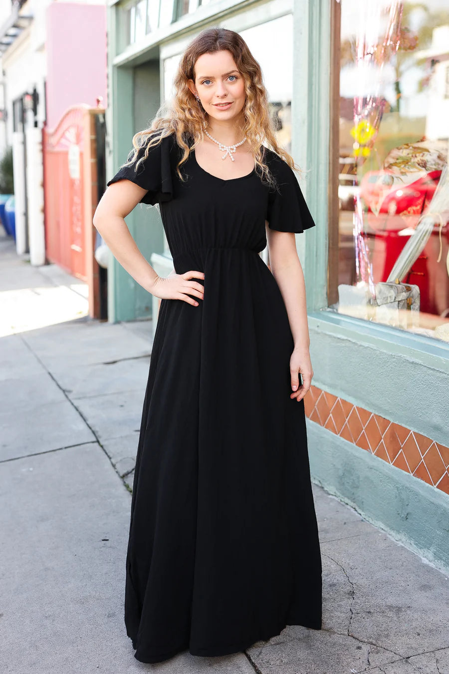 BLACK SOLID RUFFLE MAXI DRESS