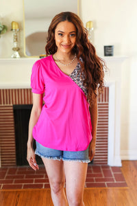 FUCHSIA ANIMAL VNECK PUFF SLEEVE TOP