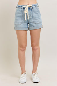 LIGHT WASH JOGGERS HIGH WAIST CUFFED DENIM SHORTS BY JUDY BLUE-PLUS