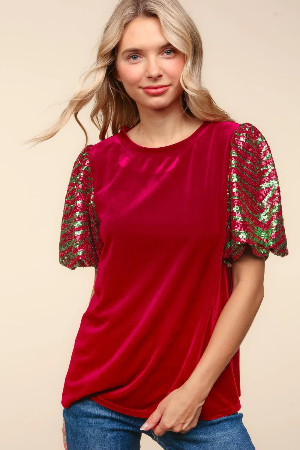 RED VELVET SEQUINS BUBBLE SLEEVE BLOUSE-PLUS