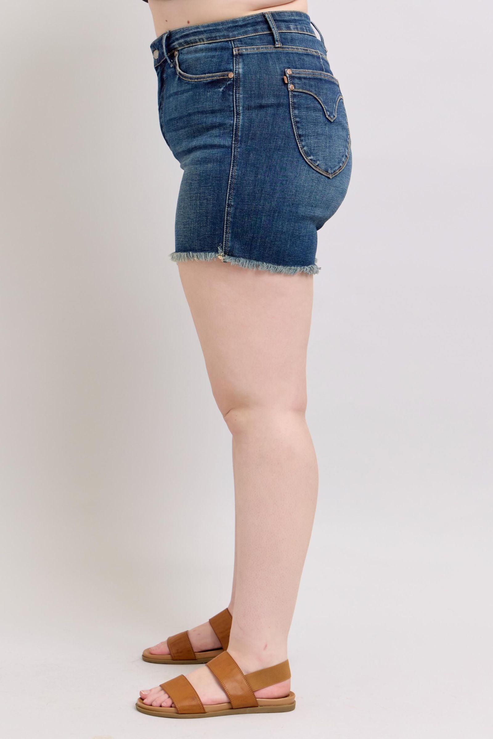 DARKWASH TUMMY CONTROL HIGH WAIST FRAYED HEM SHIELD BACK POCKETS SHORTS JUDY BLUE DENIM-PLUS