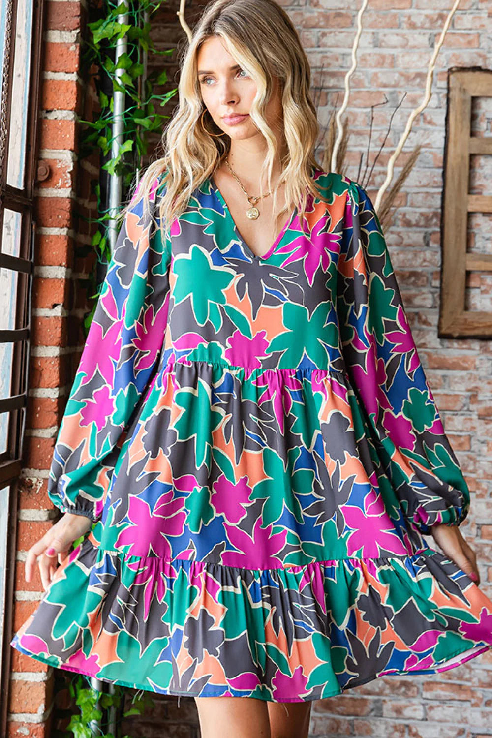 AQUA TEAL PINK FLORAL MULTI COLOR ABSTRACT PRINTED LONGSLEEVE DRESS