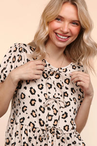 BEIGE BROWN ANIMAL FRONT RIBBONS BOW TIE BABYDOLL KNIT TOP-PLUS