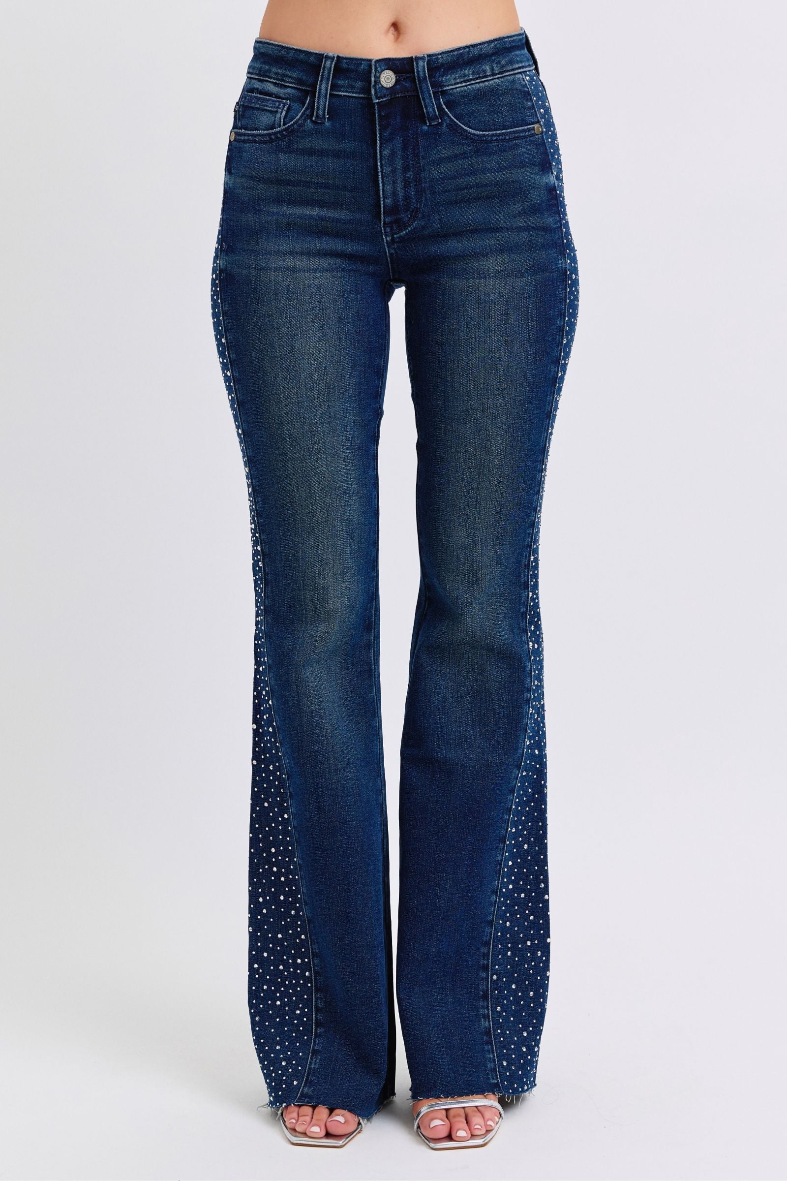 DARKWASH MID RISE RHINESTONE SIDE PANEL DETAIL FLARE JUDY BLUE DENIM