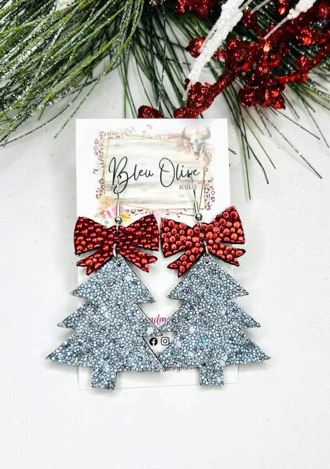 GLITZ & GLAM CHRISTMAS TREE BOW RIBBON TOPPER LIGHTWEIGHT LEATHER DANGLY HANDMADE EARRINGS BY B.O.D