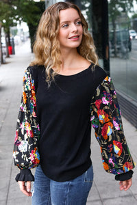BLACK DIVA DREAMS FLORAL SEQUIN MESH RIB KNIT BLOUSE