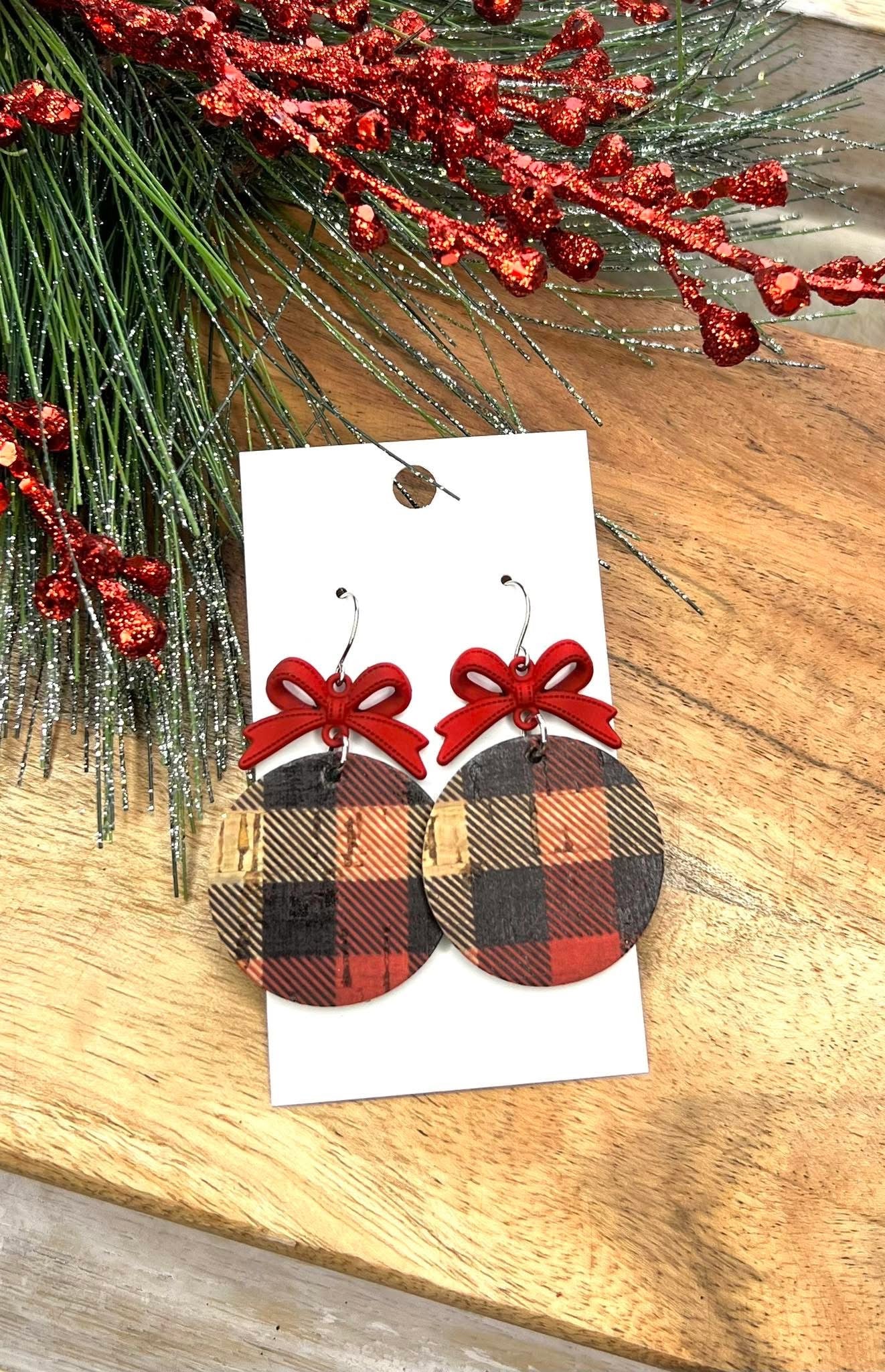 RED BEIGE BROWN BLACK CLASSIC PLAID HOLIDAY ROUND WITH METAL RED BOWS HANDMADE EARRINGS BY B.O.D