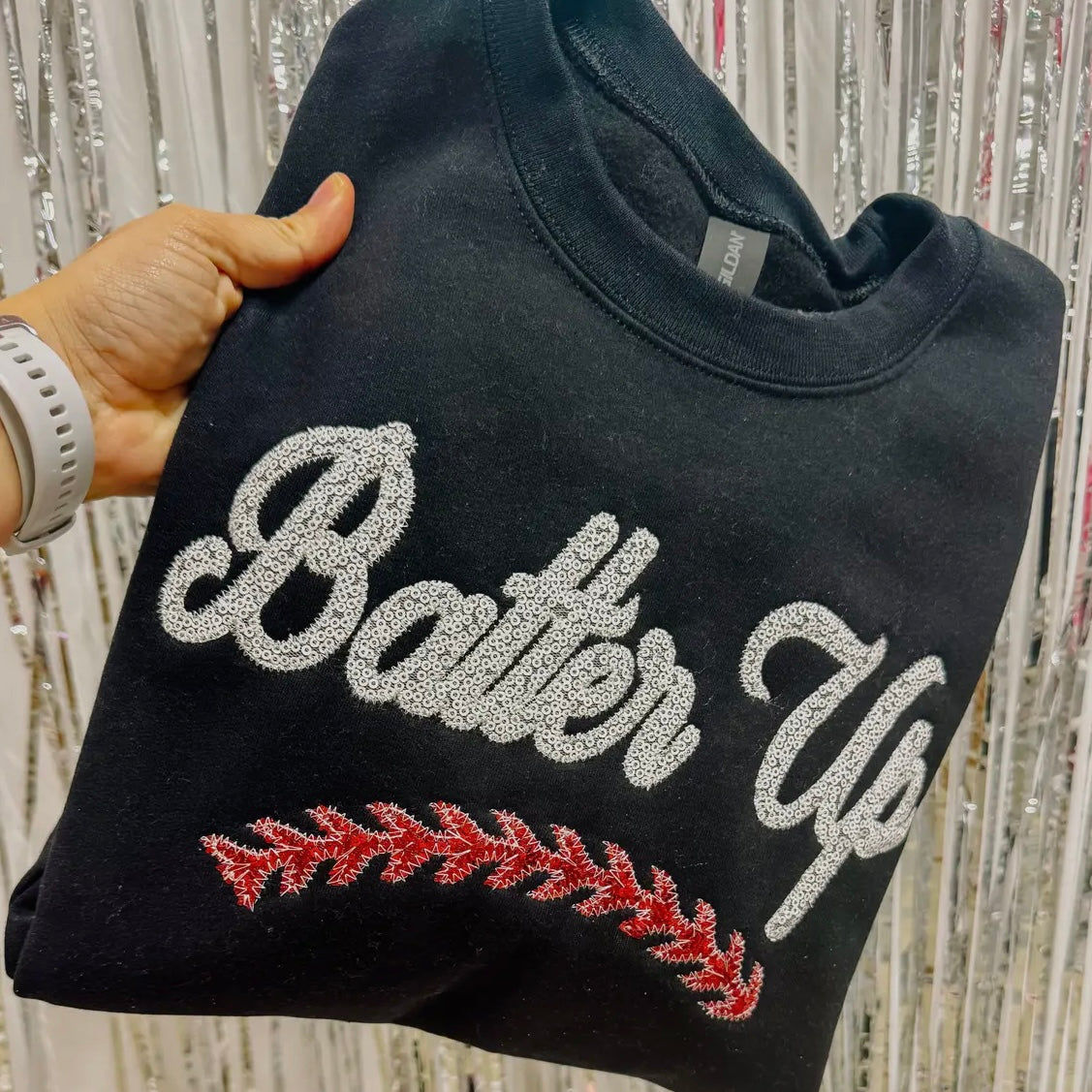 BATTER UP HANDMADE REAL SEQUIN BASEBALL APPLIQUED SWEATSHIRT- SALE- SMALL AVAILABLE